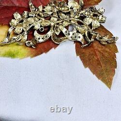 Antique Style Silver Brooch with Vermeil Flowers and Rhinestones 72x35mm