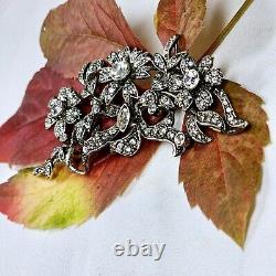 Antique Style Silver Brooch with Vermeil Flowers and Rhinestones 72x35mm