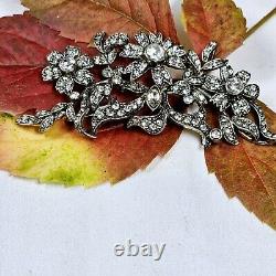 Antique Style Silver Brooch with Vermeil Flowers and Rhinestones 72x35mm