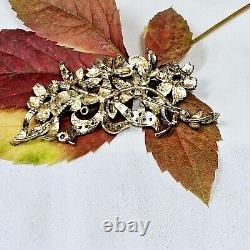 Antique Style Silver Brooch with Vermeil Flowers and Rhinestones 72x35mm