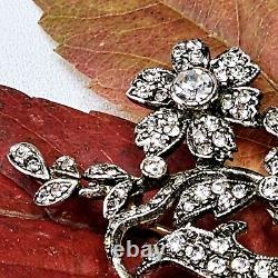 Antique Style Silver Brooch with Vermeil Flowers and Rhinestones 72x35mm