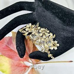 Antique Style Silver Brooch with Vermeil Flowers and Rhinestones 72x35mm