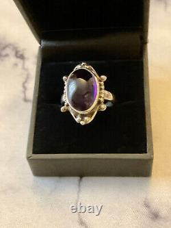 Antique Unique Solid Silver Ring with Genuine Amethyst Cabochon Size 55