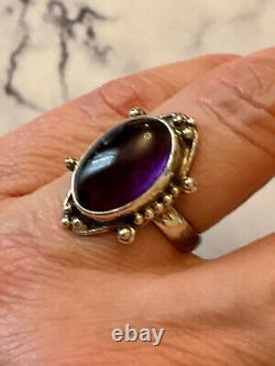 Antique Unique Solid Silver Ring with Genuine Amethyst Cabochon Size 55