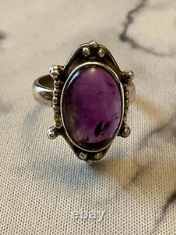 Antique Unique Solid Silver Ring with Genuine Amethyst Cabochon Size 55