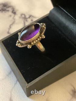 Antique Unique Solid Silver Ring with Genuine Amethyst Cabochon Size 55
