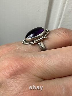 Antique Unique Solid Silver Ring with Genuine Amethyst Cabochon Size 55