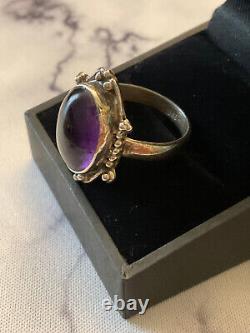 Antique Unique Solid Silver Ring with Genuine Amethyst Cabochon Size 55