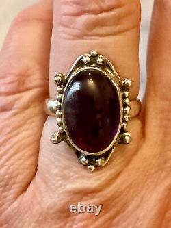 Antique Unique Solid Silver Ring with Genuine Amethyst Cabochon Size 55