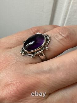 Antique Unique Solid Silver Ring with Genuine Amethyst Cabochon Size 55