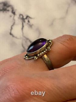 Antique Unique Solid Silver Ring with Genuine Amethyst Cabochon Size 55