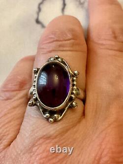 Antique Unique Solid Silver Ring with Genuine Amethyst Cabochon Size 55