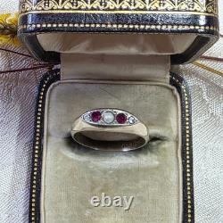 Antique Vermeil Garter Ring with Ruby, Fine Pearl & Vintage Zircons, 19th Century
