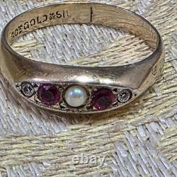 Antique Vermeil Garter Ring with Ruby, Fine Pearl & Vintage Zircons, 19th Century