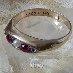 Antique Vermeil Garter Ring with Ruby, Fine Pearl & Vintage Zircons, 19th Century