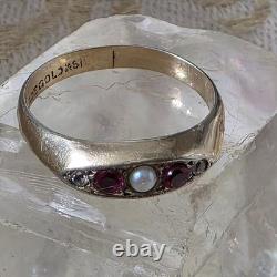 Antique Vermeil Garter Ring with Ruby, Fine Pearl & Vintage Zircons, 19th Century