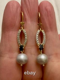 Antique Vermeil Gold/Solid Silver Earrings - Blue Sapphire, Gray Pearl