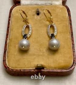 Antique Vermeil Gold/Solid Silver Earrings - Blue Sapphire, Gray Pearl