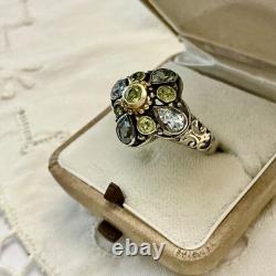 Antique Vermeil Silver Ring with Blue Topaz and Peridot, Victorian