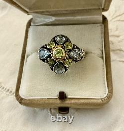 Antique Vermeil Silver Ring with Blue Topaz and Peridot, Victorian