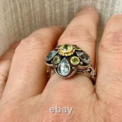 Antique Vermeil Silver Ring with Blue Topaz and Peridot, Victorian