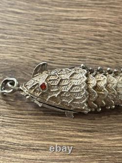 Antique articulated fish box pendant in solid silver