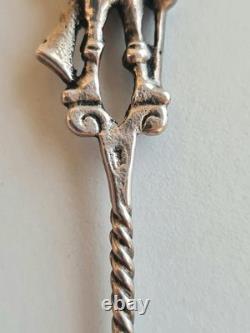 Antique box set of 7 small solid silver spoons, 833 silver, Colonial decoration, early 20th century