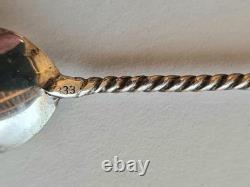 Antique box set of 7 small solid silver spoons, 833 silver, Colonial decoration, early 20th century Antique box set of 7 small solid silver spoons, 833 silver, Colonial decoration, early 20th century