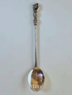 Antique box set of 7 small solid silver spoons, 833 silver, Colonial decoration, early 20th century
