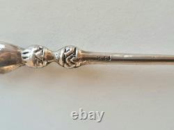 Antique box set of 7 small solid silver spoons, 833 silver, Colonial decoration, early 20th century