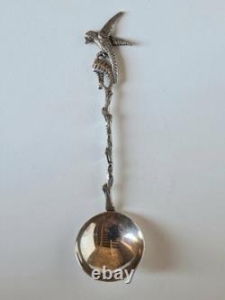 Antique box set of 7 small solid silver spoons, 833 silver, Colonial decoration, early 20th century