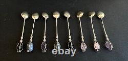 'Antique box with 8 solid silver spoons and sterling silver stone RAUL Jewelry'