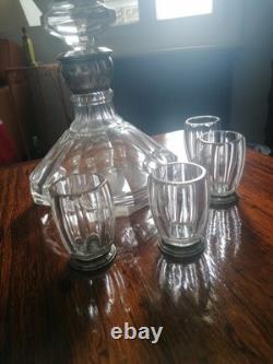 Antique crystal and solid silver carafe + 4 glasses