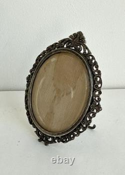 Antique frame medallion photo holder miniature solid silver Rhine stone 19th century Antique frame medallion photo holder miniature solid silver Rhine stone 19th century