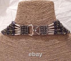 Antique multi-strand necklace in solid silver, with amethyst and peridot stones