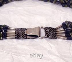Antique multi-strand necklace in solid silver, with amethyst and peridot stones