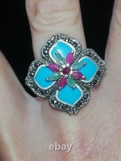 Antique ring with marcasites, turquoise, rubies, emeralds, silver Ring 925 Creator