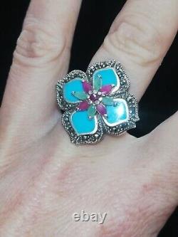 Antique ring with marcasites, turquoise, rubies, emeralds, silver Ring 925 Creator