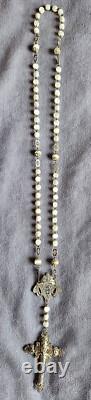 Antique rosary in mother-of-pearl and solid silver filigree with gilded Christ (vermeil)