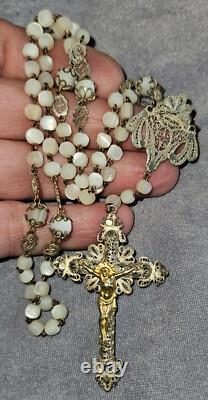 Antique rosary in mother-of-pearl and solid silver filigree with gilded Christ (vermeil)