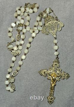 Antique rosary in mother-of-pearl and solid silver filigree with gilded Christ (vermeil)