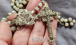 Antique rosary in mother-of-pearl and solid silver filigree with gilded Christ (vermeil)