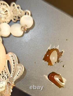 Antique rosary in mother-of-pearl and solid silver filigree with gilded Christ (vermeil)