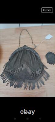 Antique set around 1900: solid silver coin purse (30 g) + mesh pouch