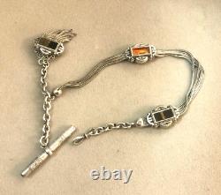 Antique silver pocket watch chain with tiger's eye chatelaine key