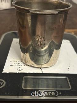 Antique solid 950 silver tumbler, Minerva hallmark, monogrammed, 86 g