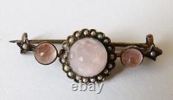 Antique solid SILVER brooch with rose quartz, 19th century