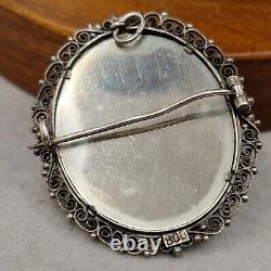 Antique solid silver 800 brooch, filigree and portrait, vintage jewelry