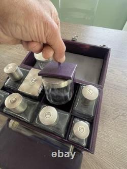 Antique solid silver and crystal vanity toilet set suitcase