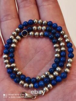 Antique solid silver and lapis lazuli beaded necklace